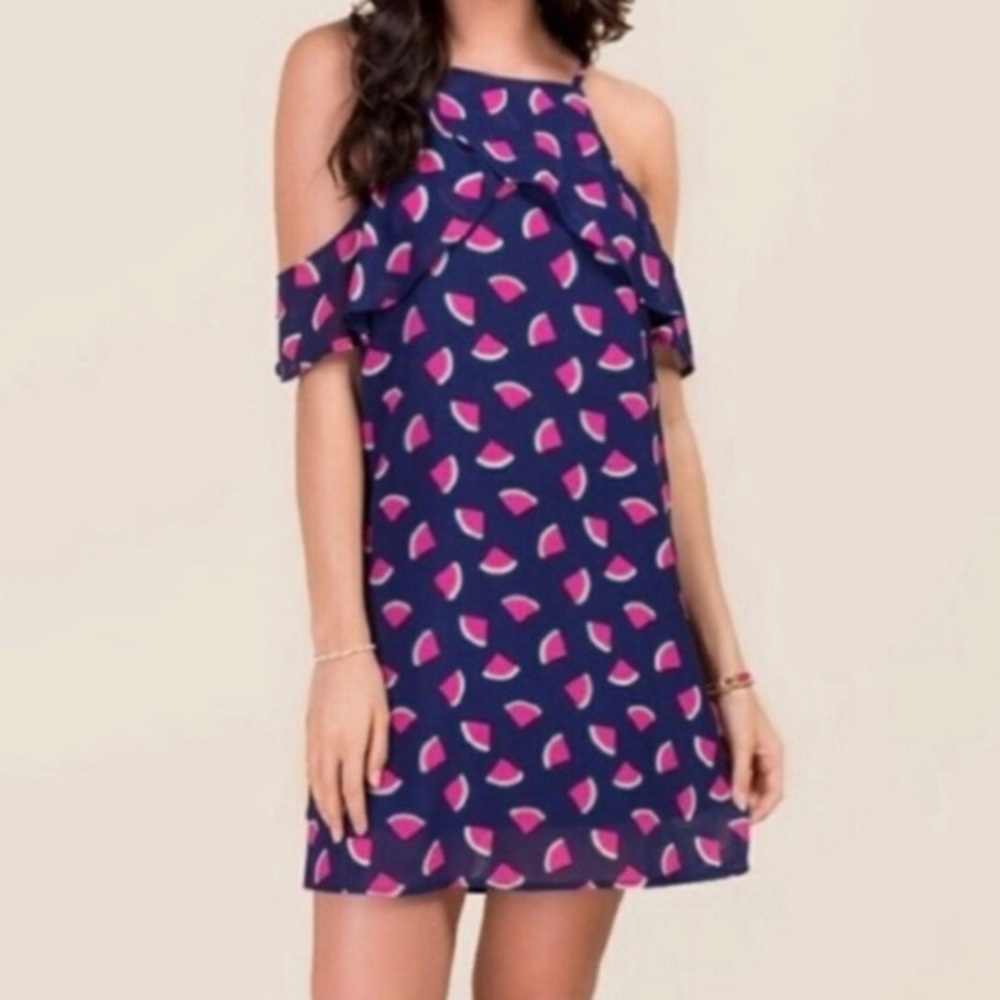 Watermelon & navy print cold shoulder dress